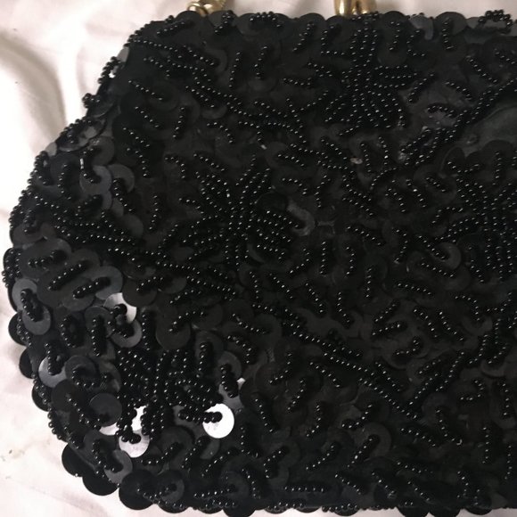 Du Val Black Purse Hong Kong Sequin Beads Evening Hand Chain Bag Clasp Vintage - Picture 4 of 15